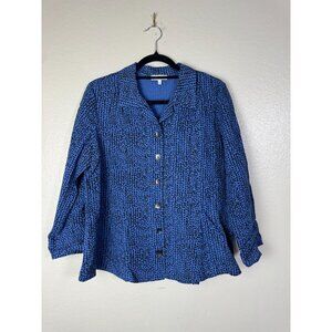 Habitat Blue Black Polka dot Button Up Top Women Size Small Lagenlook Boho Artsy